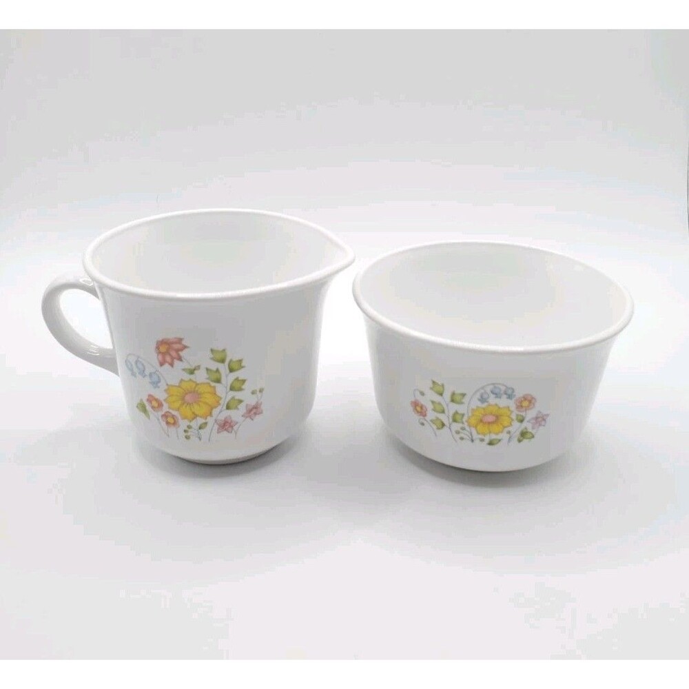 Corning Corelle Creamer Sugar Bowl Set Spring Meadow Floral MCM 2Pc Vtg 1970's